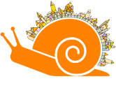 Cittaslow US logo of a snail with cities on its shell